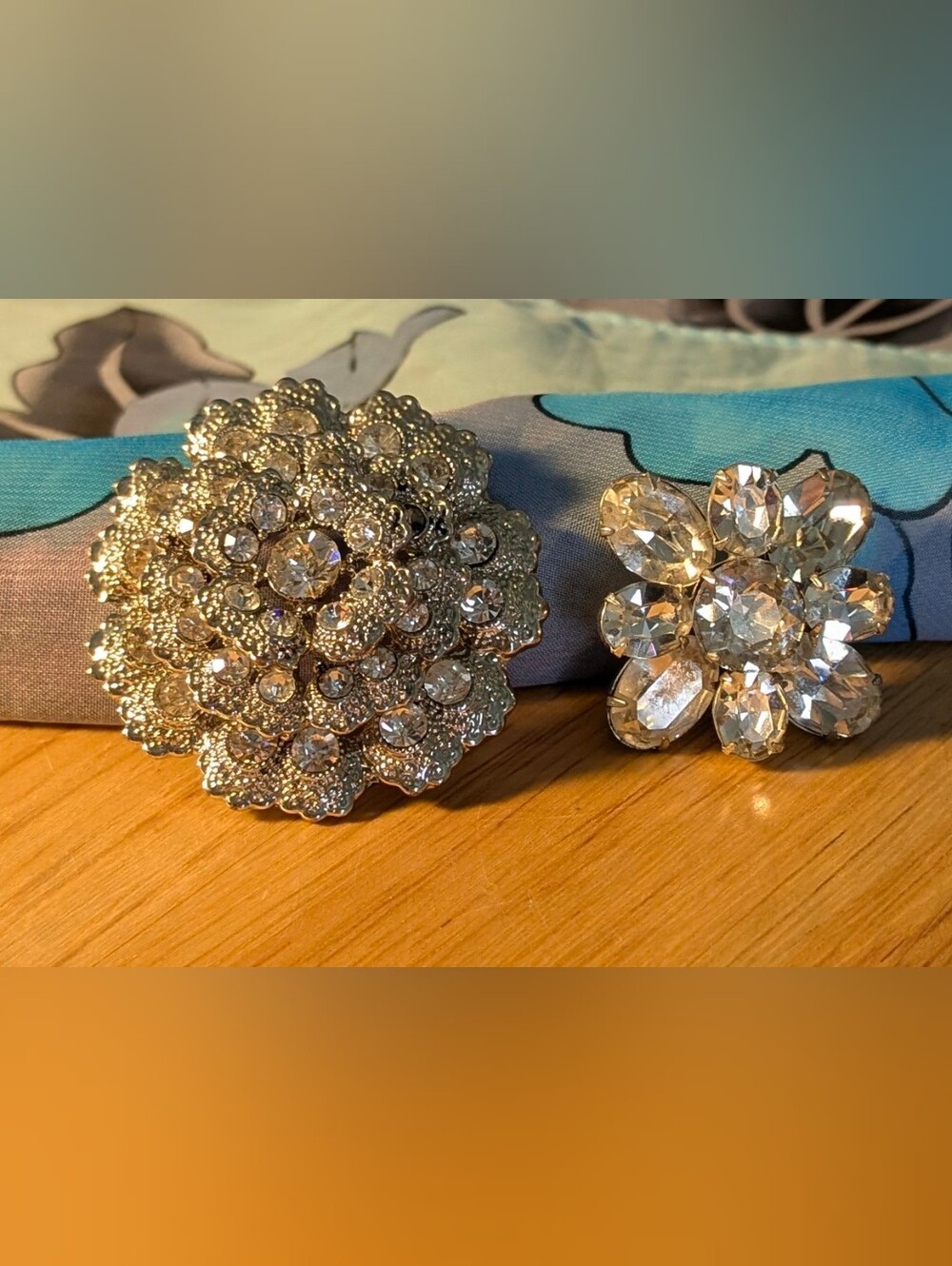 Set Of 2 Crystal Flower Brooch - Gold-Tone Floral Pin